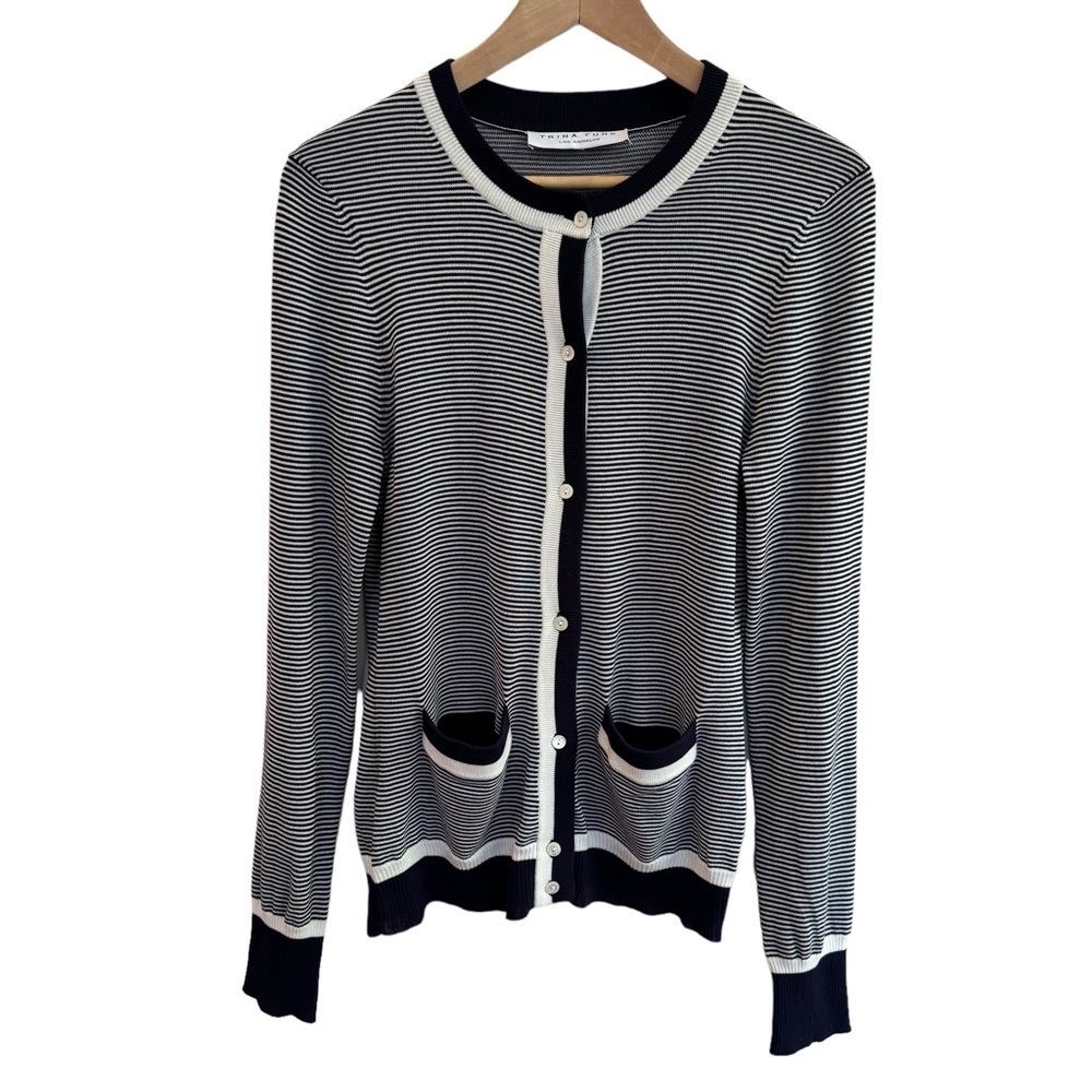 Trina Turk Cardigan Sweater Sz XS Striped Navy Blue White Button Cotton Pocket